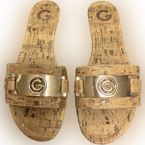 G by Guess Shoes - *NWOT* G by Guess Cork-look Gold Signature Flat Slip On Sandals
